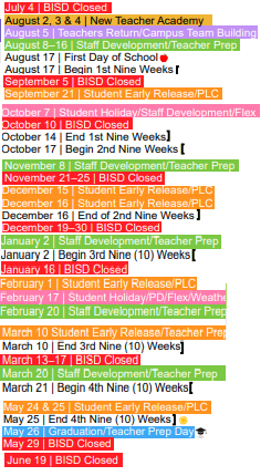 District School Academic Calendar Legend for Green Valley Elementary