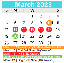 District School Academic Calendar for Tarrant Co J J A E P for March 2023