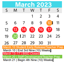 District School Academic Calendar for Homebound for March 2023