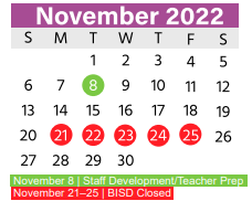 District School Academic Calendar for Tarrant Co J J A E P for November 2022