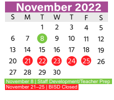 District School Academic Calendar for Birdville Elementary for November 2022