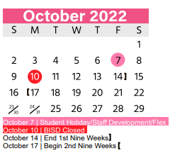 District School Academic Calendar for Homebound for October 2022