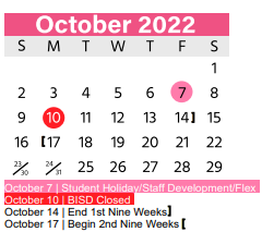 District School Academic Calendar for Jack C Binion Elementary for October 2022