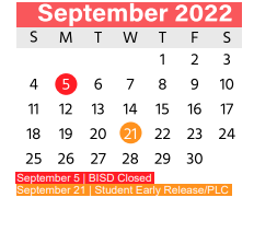 District School Academic Calendar for Homebound for September 2022