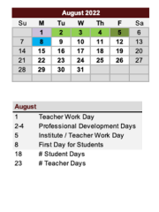 District School Academic Calendar for West End High School for August 2022
