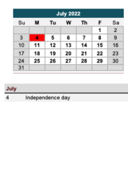 District School Academic Calendar for N H Price Elementary School for July 2022