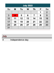 District School Academic Calendar for Washington Elementary School for July 2022