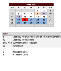 District School Academic Calendar for Hudson K-eight School for June 2023