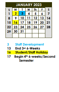 District School Academic Calendar for Gateway El for January 2023