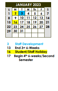 District School Academic Calendar for C H A M P S for January 2023