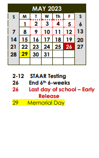 District School Academic Calendar for Borger Middle for May 2023