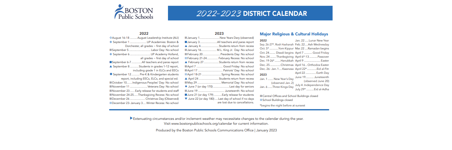 District School Academic Calendar Key for Harbor School