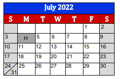 District School Academic Calendar for Lighthouse Learning Center - Daep for July 2022