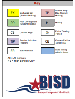 District School Academic Calendar Legend for Jane Long Elementary