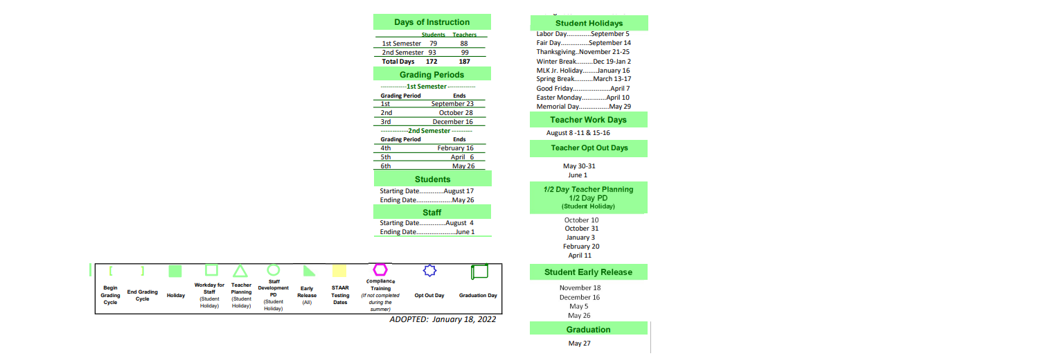 District School Academic Calendar Key for Base Alternative Campus