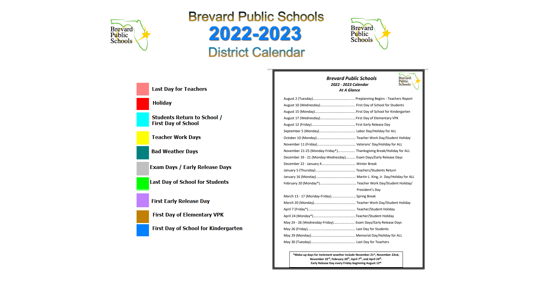 District School Academic Calendar Key for Oakwood Academy