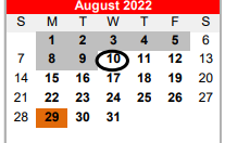 District School Academic Calendar for Bridge City H S for August 2022