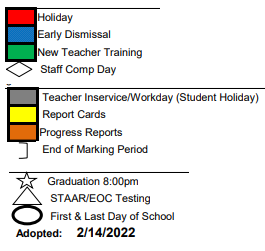 District School Academic Calendar Legend for Bridge City Int