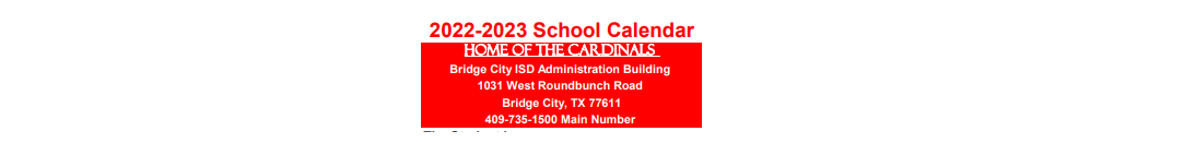 District School Academic Calendar for Bridge City Int