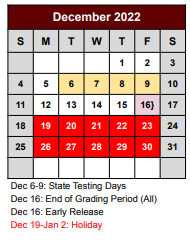 District School Academic Calendar for Bridgeport H S for December 2022