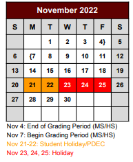 District School Academic Calendar for Bridgeport Elementary for November 2022