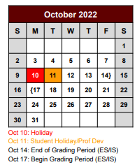 District School Academic Calendar for Bridgeport Elementary for October 2022