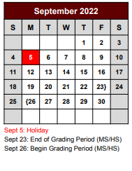 District School Academic Calendar for Bridgeport Middle for September 2022