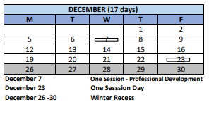District School Academic Calendar for New Start Program for December 2022