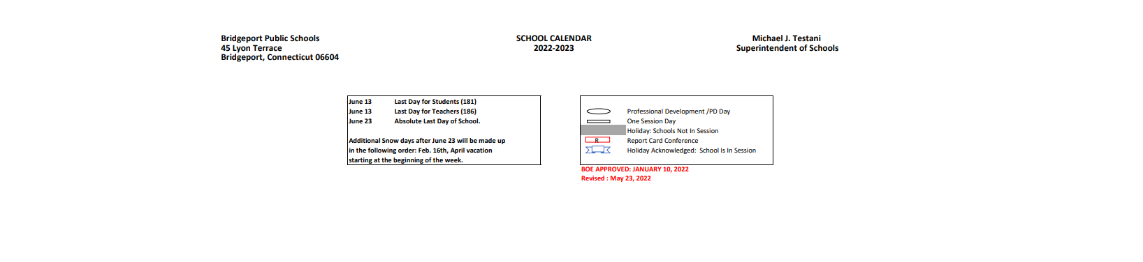 District School Academic Calendar Key for Bridgeport Elementary