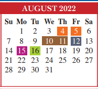 District School Academic Calendar for Adult Ed for August 2022