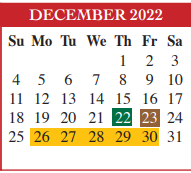 District School Academic Calendar for Cameron Co J J A E P for December 2022