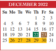 District School Academic Calendar for Champion Elementary for December 2022