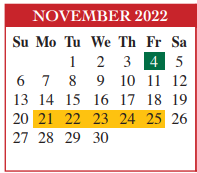 District School Academic Calendar for Cameron Co Juvenile Detention Ctr for November 2022