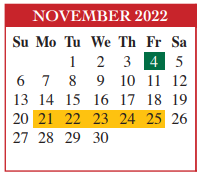 District School Academic Calendar for Brownsville Learning Acad for November 2022