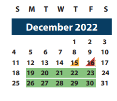 District School Academic Calendar for Brazos Co Juvenile Detention Cente for December 2022