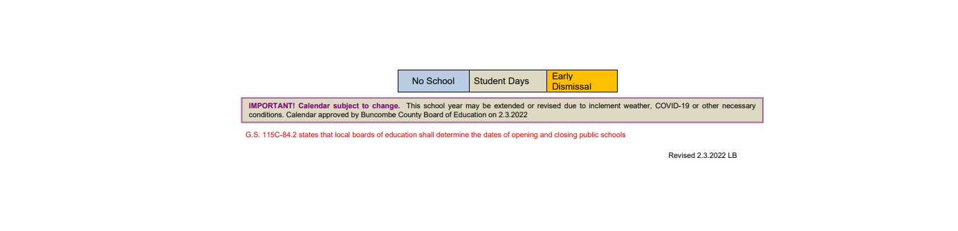 District School Academic Calendar Key for Barnardsville Elementary