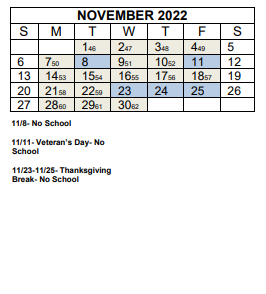 District School Academic Calendar for Glen Arden Elementary for November 2022