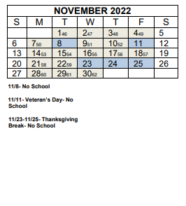 District School Academic Calendar for Oakley Elementary for November 2022