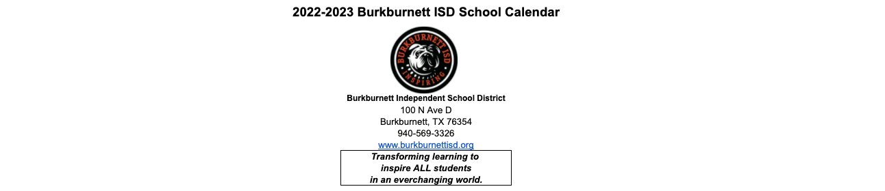 District School Academic Calendar for Burkburnett H S