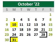 District School Academic Calendar for Burnet Middle School for October 2022