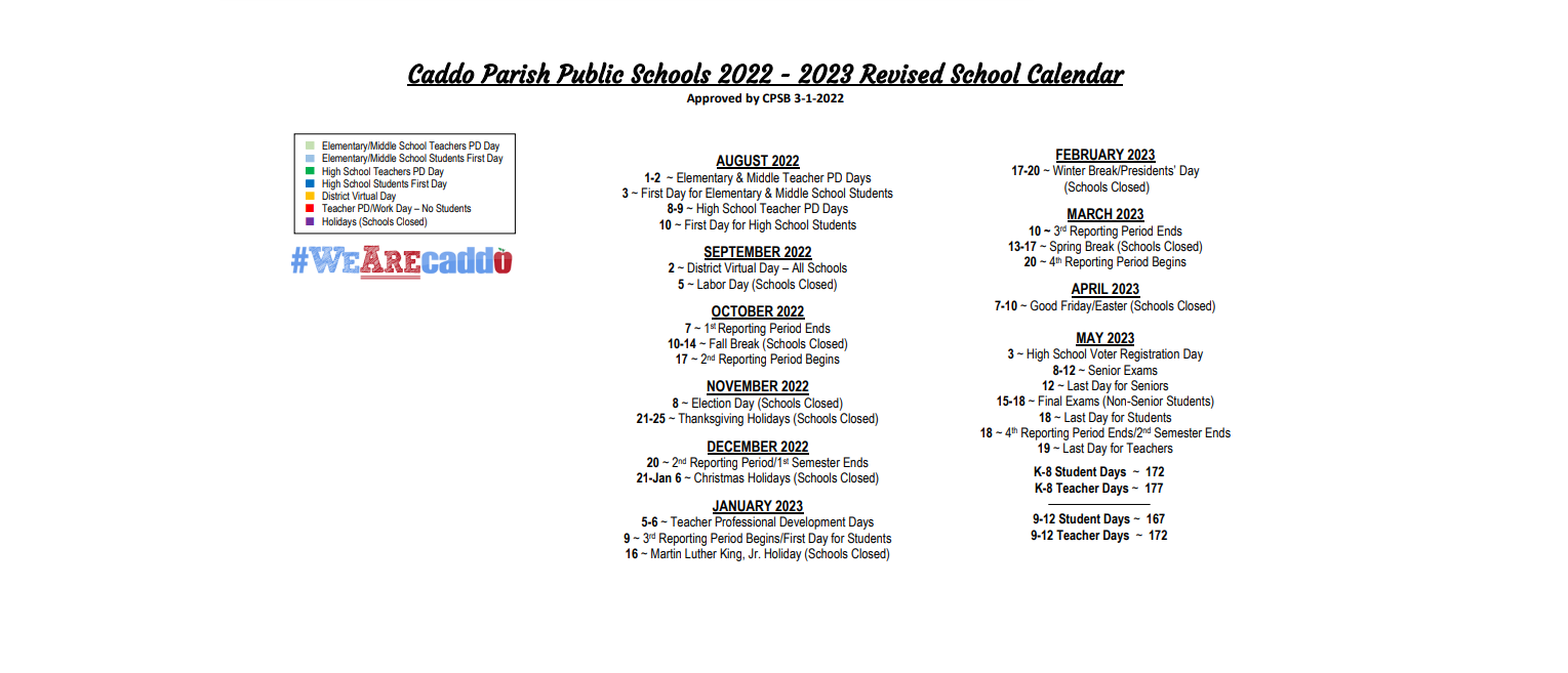 District School Academic Calendar Key for Captain Shreve High School