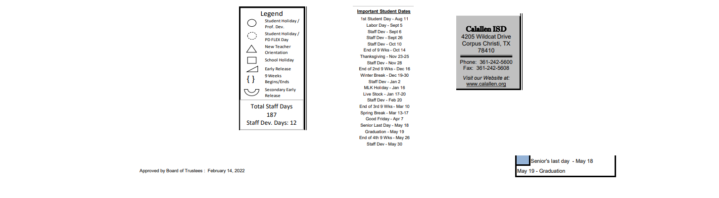 District School Academic Calendar Key for Calallen High School