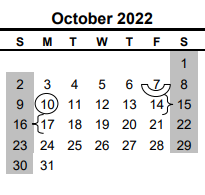 District School Academic Calendar for Nueces Co J J A E P for October 2022