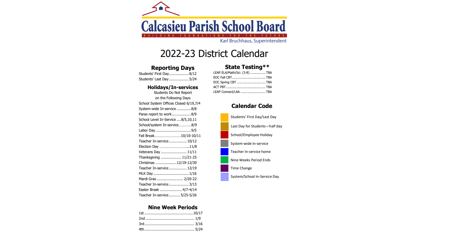 District School Academic Calendar Key for Moss Bluff Middle School