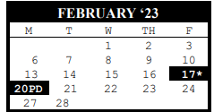 District School Academic Calendar for J J A E P for February 2023