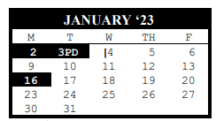 District School Academic Calendar for J J A E P for January 2023