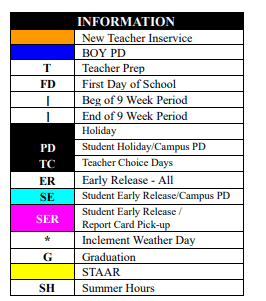 District School Academic Calendar Legend for Port O Connor Elementary