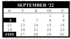 District School Academic Calendar for Jackson/roosevelt Complex for September 2022
