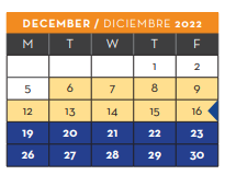 District School Academic Calendar for New Elementary School #1 for December 2022