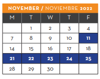 District School Academic Calendar for New Elementary School #1 for November 2022